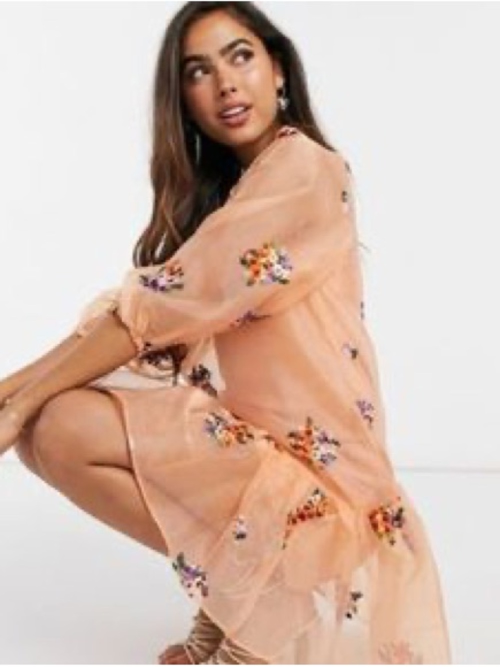 ASOS Peach Floral Embroidered Midi Dress Organza drop waist 4 pastel sheer party